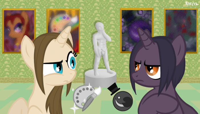 Size: 700x400 | Tagged: safe, artist:heartstringsxiii, derpibooru import, oc, oc:magic brush, oc:midnight shade, unicorn, cutie mark, horn, image, jpeg, looking at each other, michelangelo, museum, pictures, rivalry, statue, unicorn oc