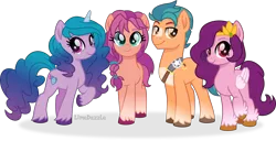 Size: 6840x3500 | Tagged: safe, artist:limedazzle, derpibooru import, hitch trailblazer, izzy moonbow, pipp petals, sunny starscout, earth pony, pegasus, pony, unicorn, adorapipp, braid, cute, female, g5, g5 to g4, group photo, high res, image, izzybetes, looking at you, male, mare, png, raised hoof, simple background, smiling, stallion, sunnybetes, text, transparent background, unshorn fetlocks, vector