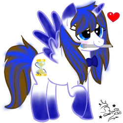 Size: 1280x1280 | Tagged: safe, artist:amgiwolf, derpibooru import, oc, unofficial characters only, alicorn, pony, alicorn oc, doctor who, eyelashes, heart, horn, image, mouth hold, png, raised hoof, signature, simple background, socks (coat marking), solo, sonic screwdriver, transparent background, wings