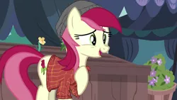 Size: 1280x720 | Tagged: editor needed, safe, edit, edited screencap, screencap, roseluck, earth pony, pony, it isn't the mane thing about you, beanie, clothes, clothes edit, female, hat, image, mare, open mouth, plaid shirt, png, raised hoof, shirt, solo, talking