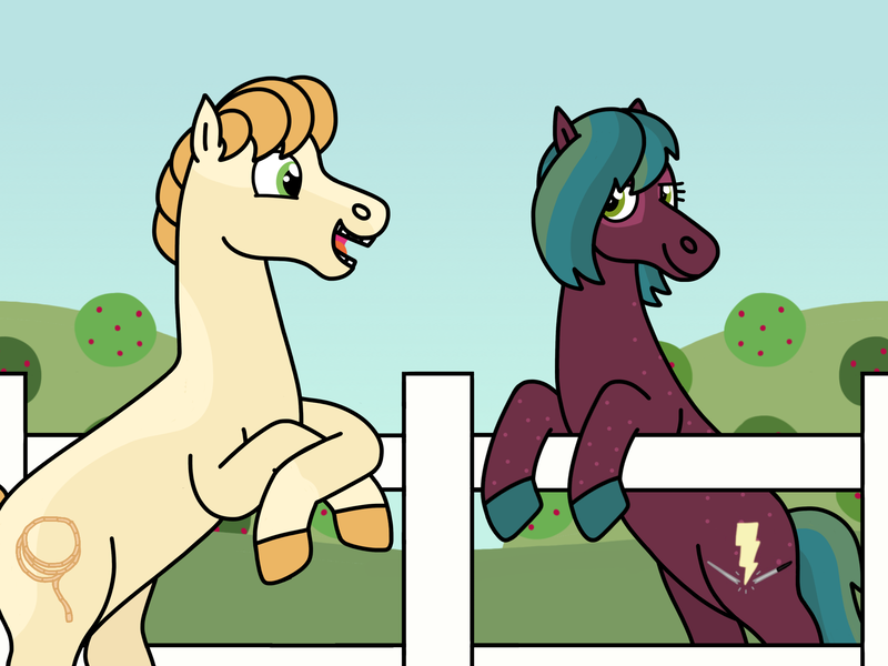 Size: 2048x1536 | Tagged: safe, artist:kindheart525, derpibooru import, oc, oc:rainier, oc:red cedar, earth pony, pony, auraverse, female, fence, image, male, offspring, parent:big macintosh, parent:burnt oak, parent:cherry jubilee, parent:coloratura, parents:cherrymac, parents:coloroak, png, story included, straight