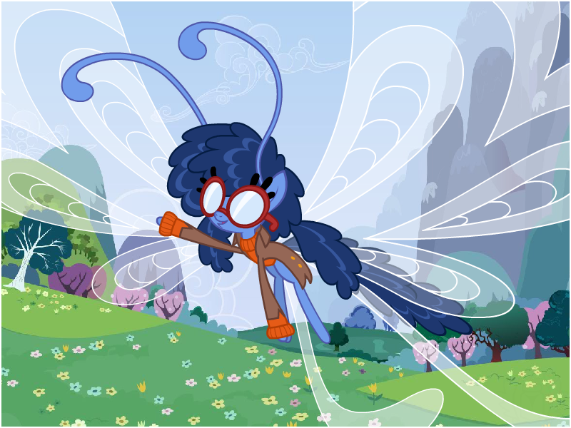 Size: 800x600 | Tagged: safe, artist:flash equestria photography, derpibooru import, oc, oc:moonflower mist, breezie, antennae, blue hair, clothes, coat, flower field, flying, glasses, image, opaque lenses, outdoors, pigtails, png, show accurate, solo, sweater