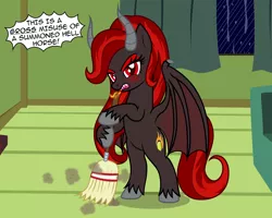 Size: 2570x2056 | Tagged: safe, artist:badumsquish, derpibooru import, part of a set, oc, oc:kim stone, unofficial characters only, demon, demon pony, monster pony, original species, pony, angry, bat wings, bipedal, blushing, brimstone, broom, chores, couch, curtains, darkness, demon wings, derpibooru exclusive, dialogue, dirt, dust, female, fire, fire breath, folded wings, forked tongue, glare, hoof hold, horns, image, looking at you, magic, magic circle, pentagram, png, ponytail, rain, red eyes, sharp teeth, solo, storm, summoning, summoning circle, sweeping, talking to viewer, teeth, unshorn fetlocks, window, wings, yelling