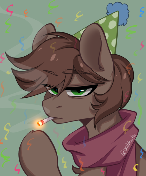 Size: 1190x1432 | Tagged: safe, artist:cottonsweets, derpibooru import, oc, oc:brewer, oc:noble brew, earth pony, pony, birthday, birthday gift art, cigarette, clothes, confetti, gift art, happy birthday, hat, image, party hat, png, scarf, simple background, smoking, solo