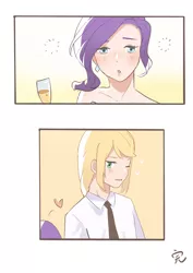 Size: 1448x2048 | Tagged: safe, artist:maoo720, derpibooru import, applejack, rarity, human, alcohol, bare shoulders, blushing, champagne, champagne glass, clothes, comic, drunk, drunk rarity, female, heart, humanized, image, jpeg, lesbian, lidded eyes, necktie, one eye closed, rarijack, shipping, shirt, sleeveless, strapless, sweat, wine