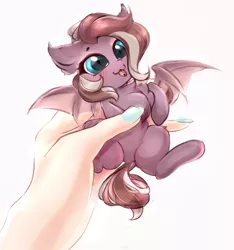 Size: 703x752 | Tagged: safe, artist:haokan, derpibooru import, oc, oc:efflorescence, bat pony, human, pony, :3, :p, bat pony oc, bat wings, blushing, commission, cute, dock, ear fluff, female, hand, holding a pony, image, in goliath's palm, micro, offscreen character, offscreen human, png, solo, tongue out, wings, ych result, ych sketch, your character here
