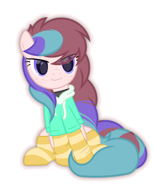 Size: 1000x1200 | Tagged: safe, artist:ponkus, derpibooru import, oc, oc:fundip, unofficial characters only, earth pony, pony, :3, closed mouth, clothes, cute, eyes open, eyeshadow, female, hoodie, image, jewelry, looking at something, makeup, mare, mouth closed, necklace, png, simple background, socks, solo, striped socks, transparent background