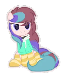 Size: 1000x1200 | Tagged: safe, artist:ponkus, derpibooru import, oc, oc:fundip, unofficial characters only, earth pony, pony, :3, closed mouth, clothes, cute, eyes open, eyeshadow, female, hoodie, image, jewelry, looking at something, makeup, mare, mouth closed, necklace, png, simple background, socks, solo, striped socks, transparent background