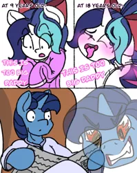 Size: 750x942 | Tagged: suggestive, artist:lefthighkick, derpibooru import, night light, shining armor, baggy shirt, bottom armor, bow, comic, daddy kink, femboy, hair bow, image, male, meme, newspaper, png, shining femboy armor, trap