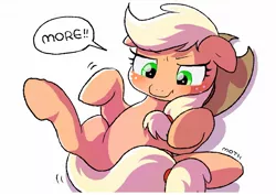 Size: 1457x1032 | Tagged: safe, artist:mochi_nation, derpibooru import, applejack, earth pony, pony, bellyrub request, blushing, cute, freckles, image, implied belly rubs, jackabetes, jpeg, lying down, on back, silly, silly pony, simple background, solo, speech bubble, white background, who's a silly pony