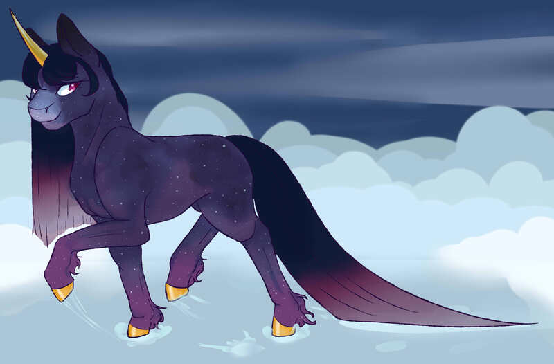 Size: 3042x2000 | Tagged: safe, artist:onouvan, derpibooru import, oc, oc:sparkly, unofficial characters only, pony, unicorn, cloud, digital art, female, hooves, horn, image, jpeg, looking at you, mare, smiling, solo, tail, walking