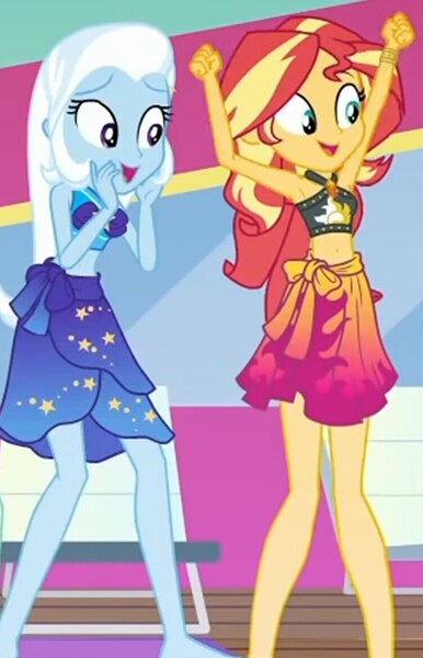 Size: 751x1168 | Tagged: safe, derpibooru import, screencap, sunset shimmer, trixie, equestria girls, equestria girls series, i'm on a yacht, spoiler:eqg series (season 2), bikini, clothes, cropped, duo, duo female, female, geode of empathy, geode of shielding, geode of sugar bombs, geode of super speed, geode of super strength, geode of telekinesis, image, jpeg, magical geodes, sarong, sleeveless, swimsuit