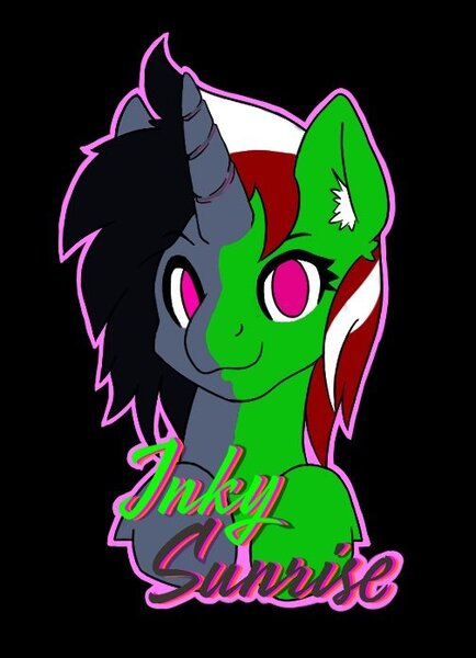 Size: 504x697 | Tagged: safe, artist:inkynotebook, derpibooru import, oc, oc:inky notebook, oc:wandering sunrise, unofficial characters only, pony, unicorn, fallout equestria: dead tree, black background, bust, female, horn, image, jpeg, mare, simple background, smiling, solo, split screen, two-face, unicorn oc