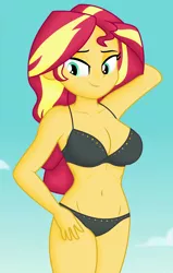 Size: 910x1430 | Tagged: suggestive, alternate version, derpibooru import, edit, edited screencap, editor:ah96, screencap, sunset shimmer, equestria girls, equestria girls series, forgotten friendship, arm behind head, bedroom eyes, belly button, big breasts, black underwear, bra, breast edit, breasts, busty sunset shimmer, cleavage, clothes, cropped, female, image, lidded eyes, panties, png, sexy, shading, solo, solo female, stupid sexy sunset shimmer, underwear, underwear edit