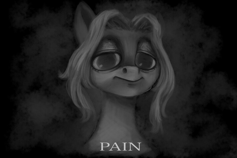 Size: 2048x1365 | Tagged: safe, artist:violettacamak, derpibooru import, oc, oc:absinthe hyacinthum, earth pony, pony, dead stare, image, jpeg, looking at you, monochrome, pain, solo, text