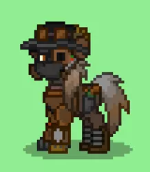 Size: 320x367 | Tagged: safe, derpibooru import, oc, oc:copper cotton, earth pony, pony, armor, ashes town, augmentation, copper, earth pony oc, goggles, green background, hat, image, other design, png, simple background, solo, steampunk, steampunk armory