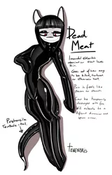 Size: 4091x6378 | Tagged: suggestive, artist:tenenbris, derpibooru import, oc, oc:dead meat, semi-anthro, eyeshadow, image, implied bdsm, latex, latex suit, makeup, masochist, png, red and black oc, simple background, tentacles, tentacle tail, white background