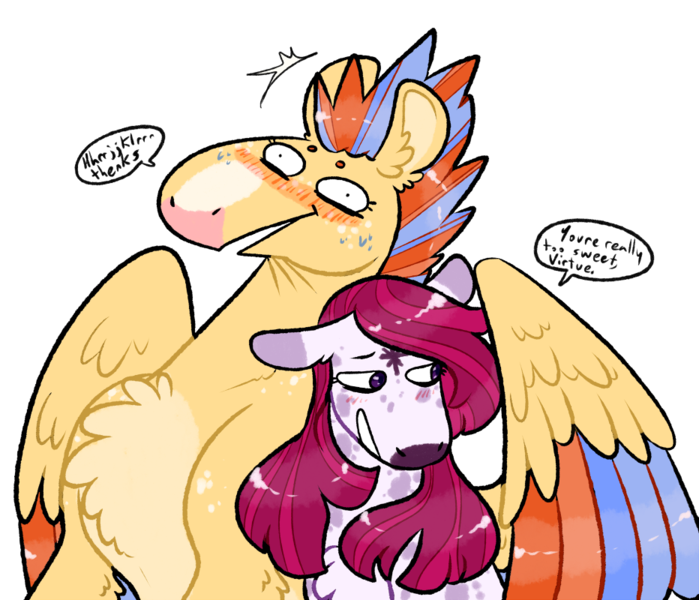 Size: 932x800 | Tagged: safe, artist:fastserve, derpibooru import, oc, oc:guards virtue, oc:morning light, unofficial characters only, pegasus, pony, unicorn, blushing, chest fluff, colored wings, female, flustered, image, lesbian, magical gay spawn, magical lesbian spawn, mare, oc x oc, offspring, offspring shipping, parent:flash sentry, parent:sunburst, parent:tempest shadow, parent:twilight sparkle, parents:flashburst, parents:tempestlight, png, shipping, simple background, speech bubble, transparent background, wings