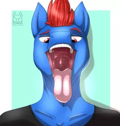 Size: 1800x1900 | Tagged: safe, artist:thedrunkcoyote, derpibooru import, oc, oc:foxidro, anthro, earth pony, pony, drool, drool string, gullet, image, jpeg, mawshot, open mouth, solo, throat, tongue out, uvula