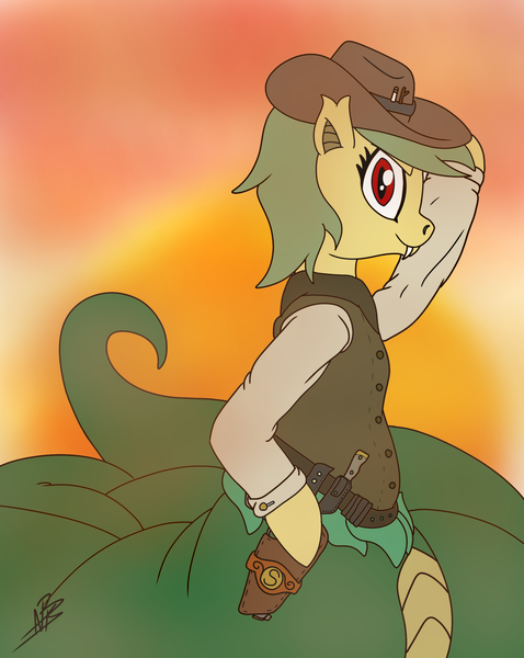 Size: 1939x2434 | Tagged: safe, artist:shappy the lamia, derpibooru import, oc, oc:shappy, earth pony, hybrid, lamia, original species, pony, semi-anthro, afternoon, bullet, cigar, cigarette, cliff, clothes, coiling, cowboy, cowboy hat, cowgirl, desert, determined, duel, dust, eye contact, fangs, gun, hat, holster, hooves up, image, knife, long sleeves, long tail, looking at each other, old west, png, proud, red eyes, scales, shirt, shooting, short mane, slit eyes, snake eyes, snake tail, stick, sun, sunset, vest, weapon, western