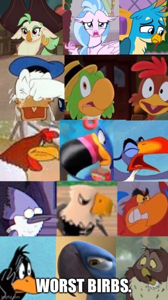 Size: 500x889 | Tagged: safe, derpibooru import, screencap, captain celaeno, gallus, silverstream, bird, blue jay, chicken, duck, eagle, hippogriff, owl, parrot, toucan, my little pony: the movie, the hearth's warming club, abuse, aladdin, bait, blatant lies, blu, caption, cereal, crying, daffy duck, disney, donald duck, female, foghorn leghorn, food, froot loops, iago, image, image macro, imgflip, jose carioca, jpeg, looney tunes, male, mordecai, open mouth, op is a duck, op is trying to start shit, panchito pistoles, regular show, rio (movie), rooster, text, the lion king, the three caballeros, toucan sam, winnie the pooh, zazu