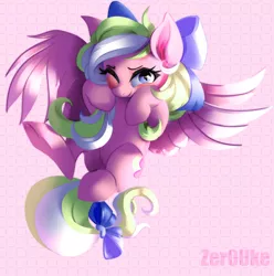 Size: 700x707 | Tagged: safe, artist:zerouke, derpibooru import, oc, oc:bay breeze, unofficial characters only, pegasus, pony, blushing, bow, cute, female, flying, hair bow, image, looking at you, mare, ocbetes, one eye closed, png, simple background, spread wings, tail bow, underhoof, wings, wink, winking at you