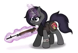 Size: 3382x2306 | Tagged: safe, artist:aaathebap, derpibooru import, oc, oc:linx, pony, unicorn, fallout equestria, armor, bandage, fallout, gun, horn, image, jpeg, m14, magic, solo, unicorn oc, weapon