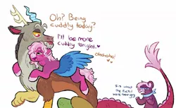 Size: 1280x783 | Tagged: safe, artist:mylittlegami, derpibooru import, cheerilee, discord, jasmine leaf, draconequus, earth pony, pony, cheericord, crack shipping, dialogue, female, headcanon, hug, image, jpeg, male, mare, shipping, siblings, simple background, sisters, straight, tongue out, white background