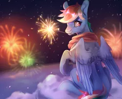 Size: 2988x2439 | Tagged: safe, artist:dumddeer, derpibooru import, rainbow dash, pegasus, pony, clothes, cloud, female, fireworks, image, jpeg, looking back, mare, mouth hold, raised hoof, scarf, sitting, smiling, snow, solo, sparkler (firework), underhoof