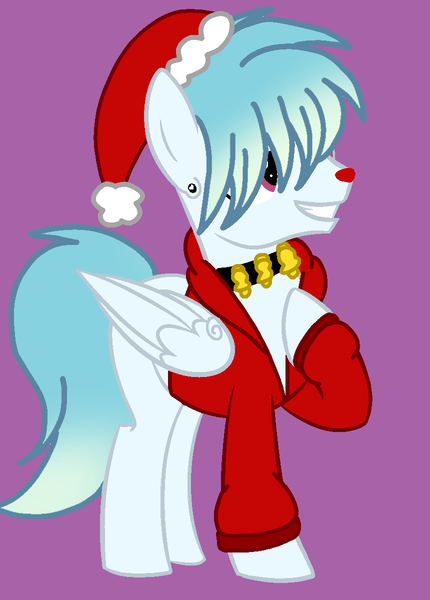 Size: 860x1200 | Tagged: safe, artist:circuspaparazzi5678, derpibooru import, oc, oc:suga water, pegasus, pony, base used, christmas, clothes, collar, ear piercing, earring, hat, holiday, image, jacket, jewelry, jingle bells, piercing, png, purple background, red nose, santa hat, simple background, smiling, solo