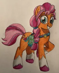 Size: 2371x2942 | Tagged: safe, artist:bozzerkazooers, derpibooru import, sunny starscout, earth pony, pony, badge, bag, braid, female, g5, grin, high res, image, jpeg, looking at you, mare, raised hoof, smiling, teeth, traditional art, unshorn fetlocks