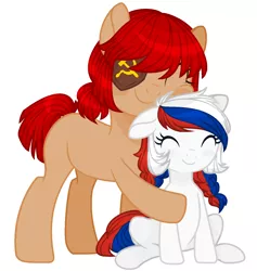 Size: 1593x1681 | Tagged: safe, artist:katnekobase, artist:thieeur-nawng, derpibooru import, oc, ponified, unofficial characters only, earth pony, pony, base used, braid, duo, eyepatch, female, hammer and sickle, hug, image, mare, nation ponies, png, russia, simple background, smiling, white background