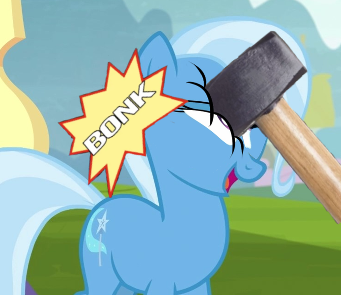 Size: 741x641 | Tagged: safe, derpibooru import, edit, edited screencap, screencap, trixie, abuse, bonk, cartoon violence, hammer, image, png, sledgehammer, solo, trixiebuse