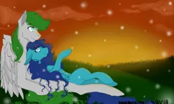 Size: 854x512 | Tagged: safe, artist:aquashock_70, derpibooru import, oc, oc:aquashock, oc:dreamer skies, firefly (insect), insect, pony, 3ds, grass, grass field, image, lying down, oc x oc, png, romantic, shipping, sunset