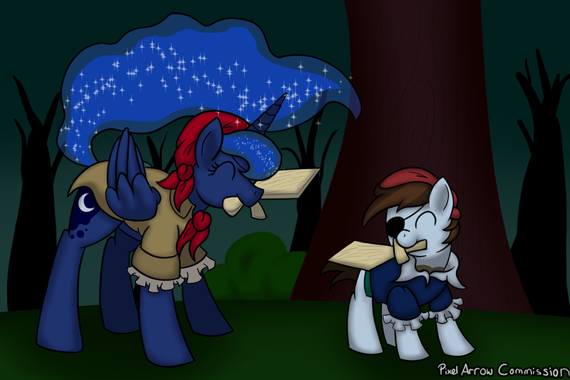 Size: 1200x800 | Tagged: safe, artist:pixelarrow, derpibooru import, pipsqueak, princess luna, alicorn, pony, clothes, colt, costume, eyepatch, eyes closed, female, forest, image, male, mare, nightmare night, pirate, pirate costume, playing, png, sword, tree, weapon, wooden sword