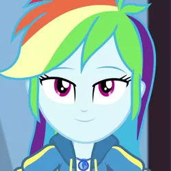 Size: 1080x1080 | Tagged: safe, derpibooru import, screencap, rainbow dash, equestria girls, equestria girls series, the finals countdown, cropped, female, geode of super speed, image, looking at you, magical geodes, png, smiling, solo