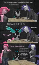 Size: 1920x3240 | Tagged: suggestive, artist:papadragon69, derpibooru import, pinkie pie, rarity, anthro, changeling, unicorn, 3d, breasts, butt kiss, clothes, comic, female, image, interrogation, kiss my ass, literal minded, png, source filmmaker, surprised