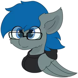 Size: 5535x5542 | Tagged: safe, artist:skylarpalette, derpibooru import, oc, oc:blue thunder, unofficial characters only, pegasus, pony, bust, cheek fluff, clothes, cute, ear fluff, fluffy, glasses, hoodie, image, looking forward, male, pegasus oc, png, simple background, simple shading, smiling, stallion, transparent background, wings