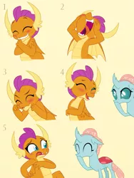 Size: 975x1300 | Tagged: safe, artist:queencold, derpibooru import, ocellus, smolder, changedling, changeling, dragon, blushing, caught, commission, cute, diaocelles, dragoness, duo, duo female, embarrassed, eyes closed, female, giggling, hoof over mouth, image, open mouth, png, simple background, smolderbetes