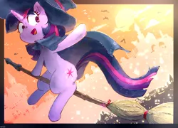 Size: 1600x1149 | Tagged: safe, artist:nendo, derpibooru import, twilight sparkle, pony, unicorn, broom, cape, clothes, cute, featured image, female, flying, flying broomstick, full moon, halloween, hat, holiday, image, jack-o-lantern, mare, moon, open mouth, png, pumpkin, sitting, sky, solo, twiabetes, unicorn twilight, witch, witch hat, wizard hat