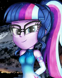 Size: 2000x2500 | Tagged: safe, artist:aryatheeditor, derpibooru import, sci-twi, twilight sparkle, equestria girls, accessories, bare shoulders, beautiful, bedroom eyes, breasts, bust, clothes, cutie mark, digital art, dress, element of magic, evening gloves, female, geode of telekinesis, glasses, gloves, heterochromia, image, jewelry, jpeg, long gloves, looking at you, looking down, looking down at you, magical geodes, mountain, nerd, night, outfit, pendant, photo, powerful sparkle, sleeveless, sleeveless turtleneck, snow, snowflake, solo, winter