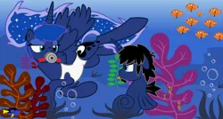 Size: 1600x857 | Tagged: safe, artist:evilfrenzy, derpibooru import, princess luna, oc, oc:frenzy, alicorn, fish, pony, sea pony, seahorse, alternate hairstyle, bubble, clothes, diving, dory, female, fruna, image, jpeg, ocean, one-piece swimsuit, open-back swimsuit, ponytail, rebreather, scuba, seaponified, show accurate, species swap, swimming, swimsuit, underwater, water, white swimsuit
