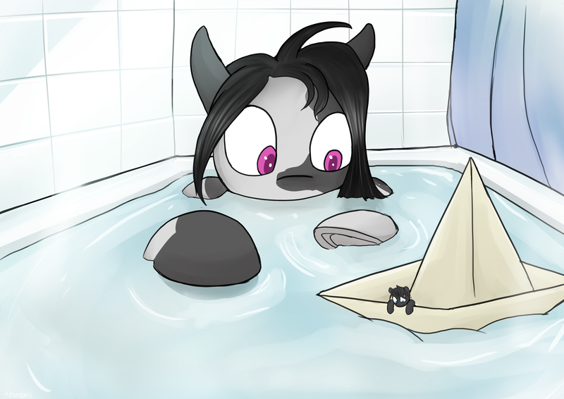 Size: 7016x4961 | Tagged: safe, artist:tenenbris, derpibooru import, oc, oc:inkenel, oc:oretha, pony, bath, bathtub, image, macro, micro, png, size difference