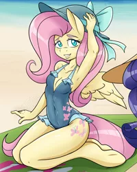 Size: 2056x2565 | Tagged: suggestive, artist:ambris, derpibooru import, edit, fluttershy, rarity, anthro, pegasus, pony, unguligrade anthro, adorasexy, armpits, beach, beach babe, beautiful, beautisexy, bicolor swimsuit, bikini babe, blue swimsuit, blushing, breasts, cleavage, clothes, cropped, cute, delicious flat chest, female, flattershy, frilled swimsuit, hat, holding hat, hooves, image, kneeling, legs, looking at you, mare, petite, png, seductive, sexy, shyabetes, skintight clothes, small breasts, smiling, solo focus, spread wings, sun hat, swimsuit, thighs, tight clothing, wings