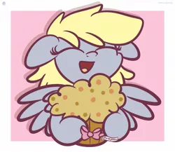 Size: 1200x1040 | Tagged: safe, artist:kimjoman, derpibooru import, derpy hooves, pegasus, pony, bow, cute, derpabetes, eyes closed, female, food, image, implied doctor whooves, implied doctorderpy, implied shipping, implied straight, jpeg, mare, muffin, open mouth, solo