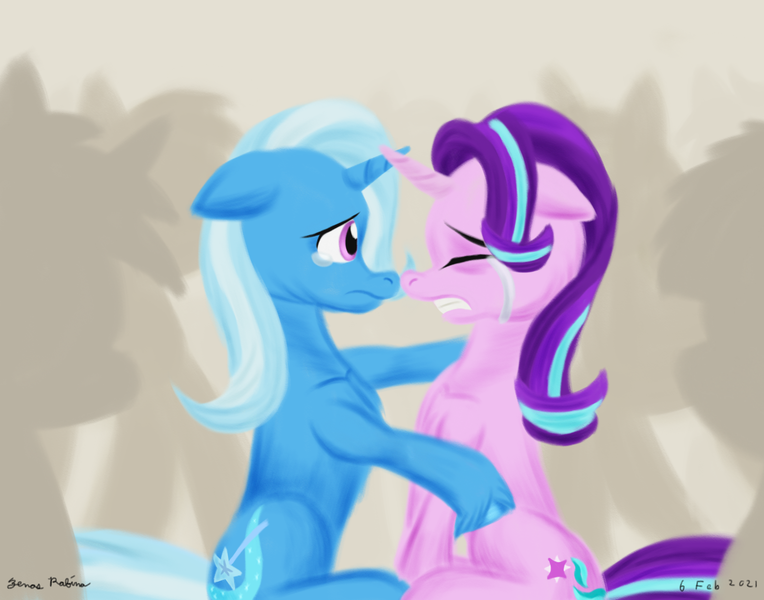 Size: 1400x1100 | Tagged: safe, artist:rockhoppr3, derpibooru import, starlight glimmer, trixie, pony, unicorn, boop, comforting, crowd, crying, duo focus, female, image, lesbian, noseboop, png, sad, shipping, startrix, unshorn fetlocks