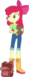 Size: 380x1000 | Tagged: safe, derpibooru import, edit, edited screencap, screencap, apple bloom, human, equestria girls, equestria girls series, fomo, spoiler:eqg series (season 2), apple bloom's bow, background removed, backpack, belt, book, boots, bow, clothes, female, hair bow, image, jeans, pants, png, rain boots, shoes, solo