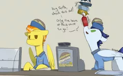 Size: 1600x1000 | Tagged: safe, artist:sinrar, derpibooru import, soarin', spitfire, pegasus, pony, cash register, cashier, clothes, dialogue, duo, fast food, female, food, hat, image, ketchup, male, mare, mustard, png, ponies balancing stuff on their nose, restaurant, sauce, shirt, stallion, this will end in janitor duty, uniform