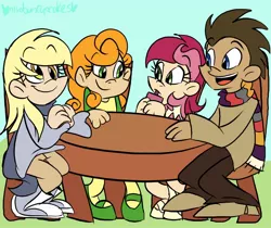 Size: 1280x1074 | Tagged: safe, artist:mirabuncupcakes15, derpibooru import, carrot top, derpy hooves, doctor whooves, golden harvest, roseluck, time turner, human, carrotluck, chair, clothes, commission, converse, cup, dark skin, date, doctorderpy, double date, dress, drink, female, fourth doctor's scarf, humanized, image, jeans, jpeg, lesbian, male, mary janes, open mouth, overalls, pants, scarf, shipping, shoes, socks, stockings, straight, straw, sweater, table, thigh highs