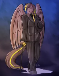 Size: 773x1000 | Tagged: safe, artist:kadath, derpibooru import, oc, oc:zeus, unofficial characters only, anthro, pegasus, cane, clothes, commission, digital art, eyebrows visible through hair, fedora, hat, image, jpeg, looking at you, male, necktie, pants, shoes, signature, simple background, smiling, smirk, solo, suit, tail, wings